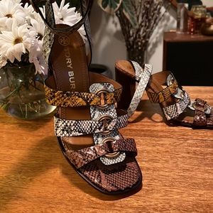 Snake Embossed Leather Strappy Heeled Sandals Stacked Heel Gold Ring Hardware